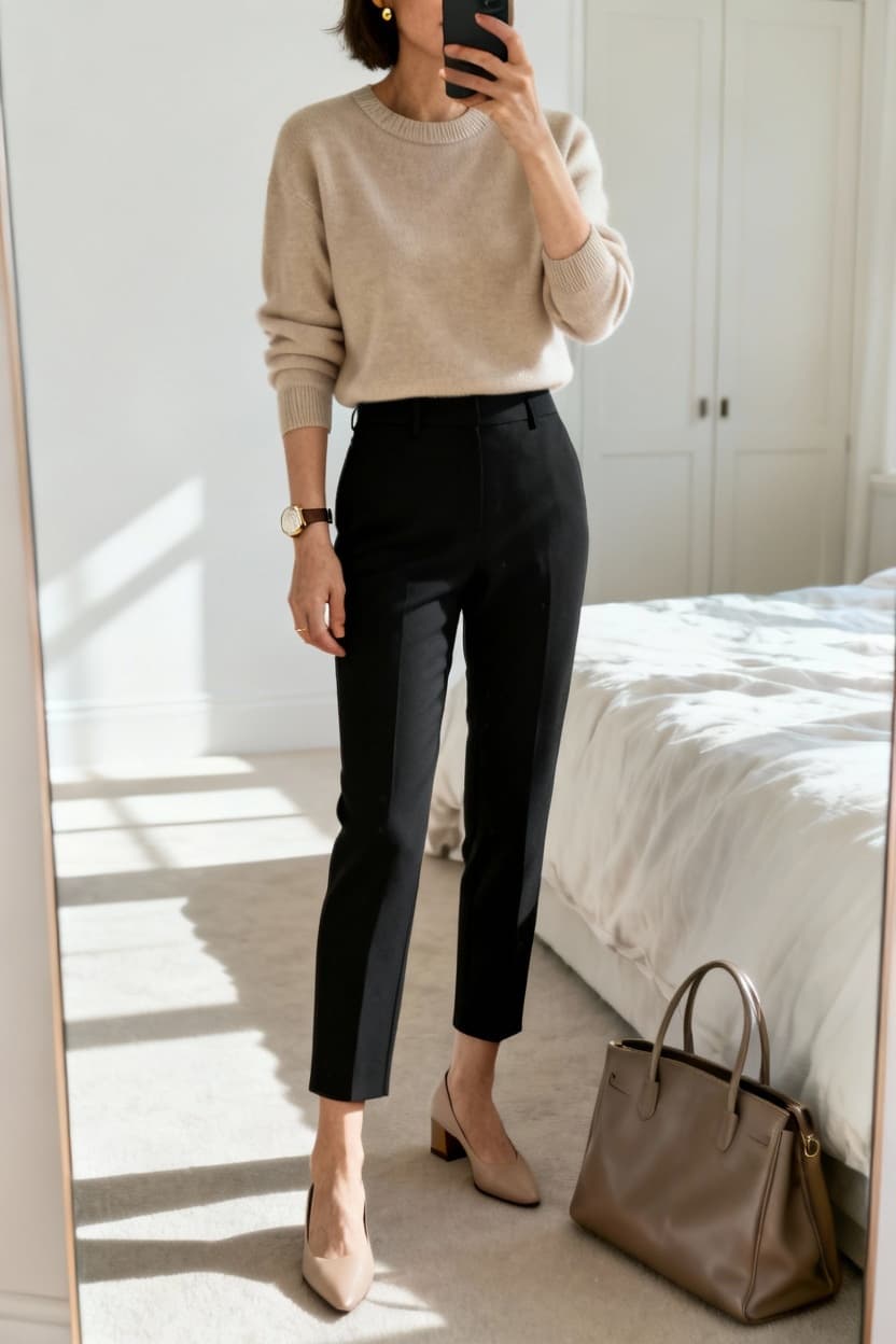 Neutral Knit Top With Slim Ankle Trousers