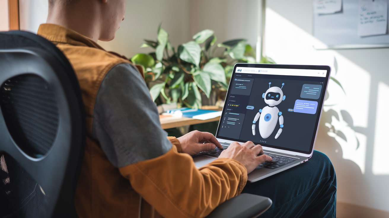 Person working on laptop with coffee, surrounded by AI tool logos