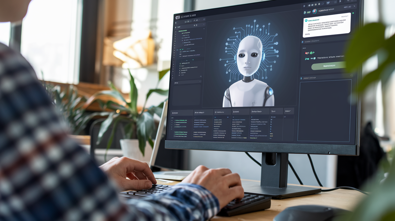 Split screen showing human vs AI-augmented workflow in modern office environment