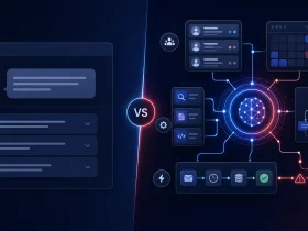 Split-screen comparison of a simple chatbot and an AI agent orchestrating workflow tools