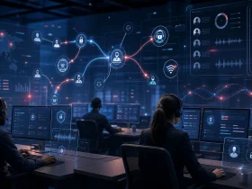 Contact center team working with AI agent dashboards, call routing flows, and security indicators