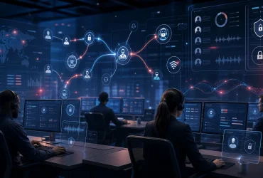 Contact center team working with AI agent dashboards, call routing flows, and security indicators