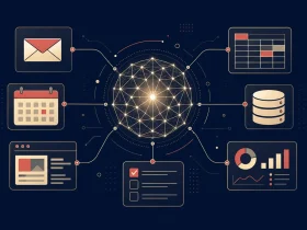 Editorial illustration of an AI agent connected to business workflow tools