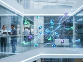 Professionals in a modern office looking at floating digital interfaces showing AI data networks and flowcharts.