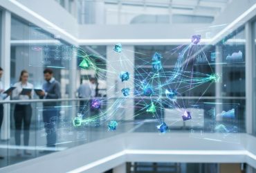 Professionals in a modern office looking at floating digital interfaces showing AI data networks and flowcharts.