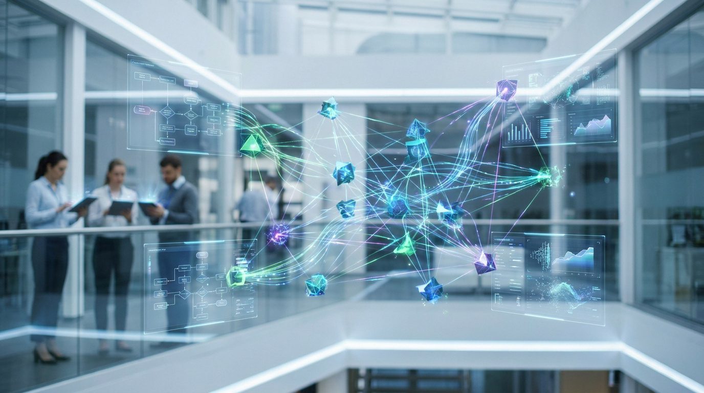 Professionals in a modern office looking at floating digital interfaces showing AI data networks and flowcharts.
