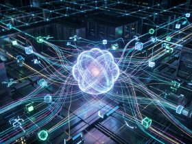 A glowing digital core connected by light streams to server racks, representing AI agent orchestration.