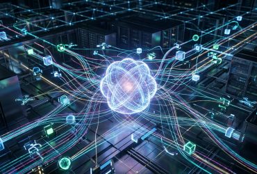 A glowing digital core connected by light streams to server racks, representing AI agent orchestration.