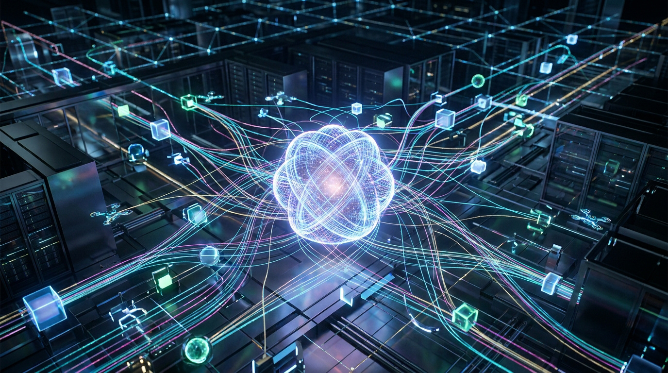 A glowing digital core connected by light streams to server racks, representing AI agent orchestration.