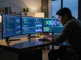 A developer working at a triple-monitor setup with code and neural network visualizations late at night.