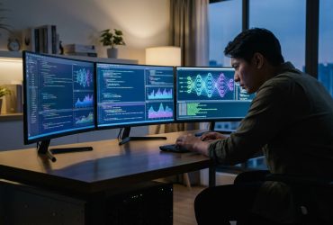 A developer working at a triple-monitor setup with code and neural network visualizations late at night.