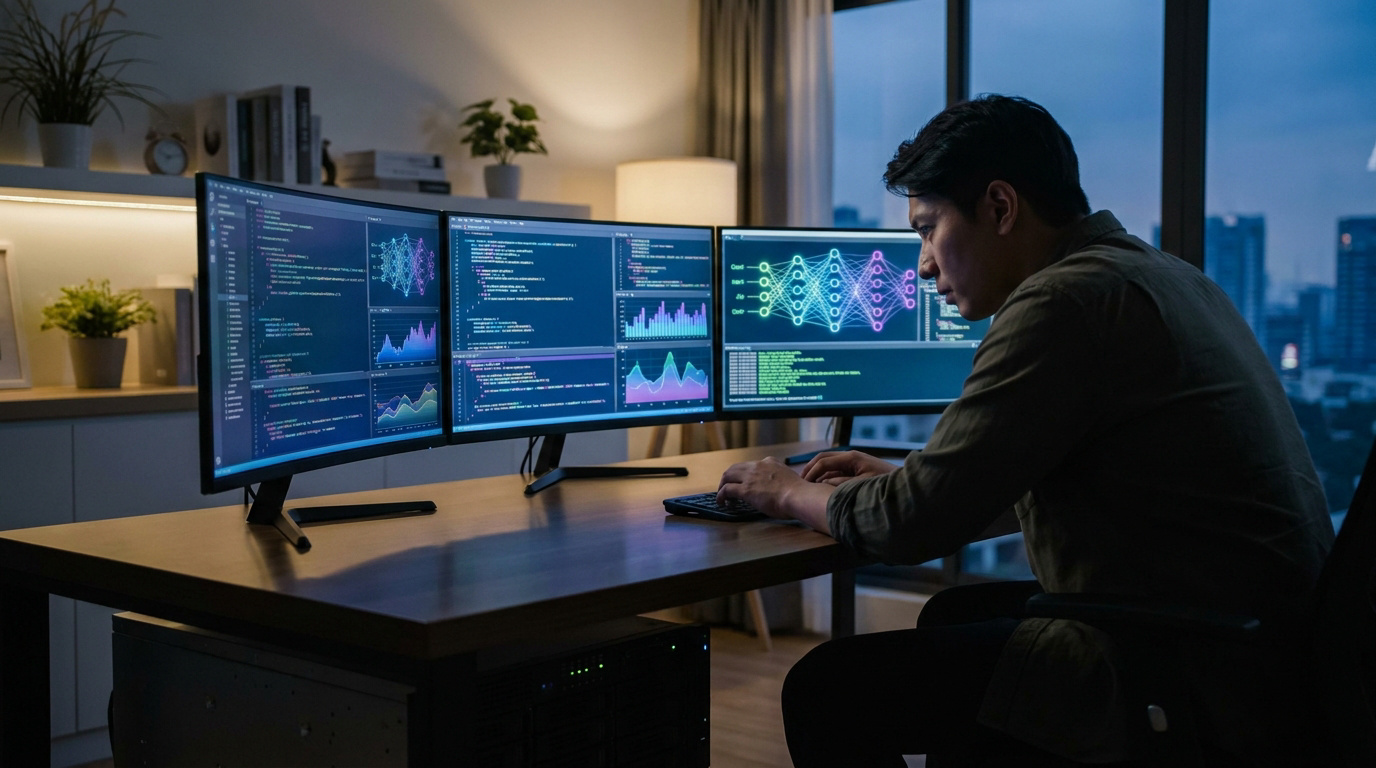 A developer working at a triple-monitor setup with code and neural network visualizations late at night.