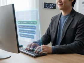 A professional using a computer with a holographic interface showing AI-generated meeting summaries and action items.