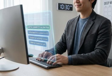 A professional using a computer with a holographic interface showing AI-generated meeting summaries and action items.