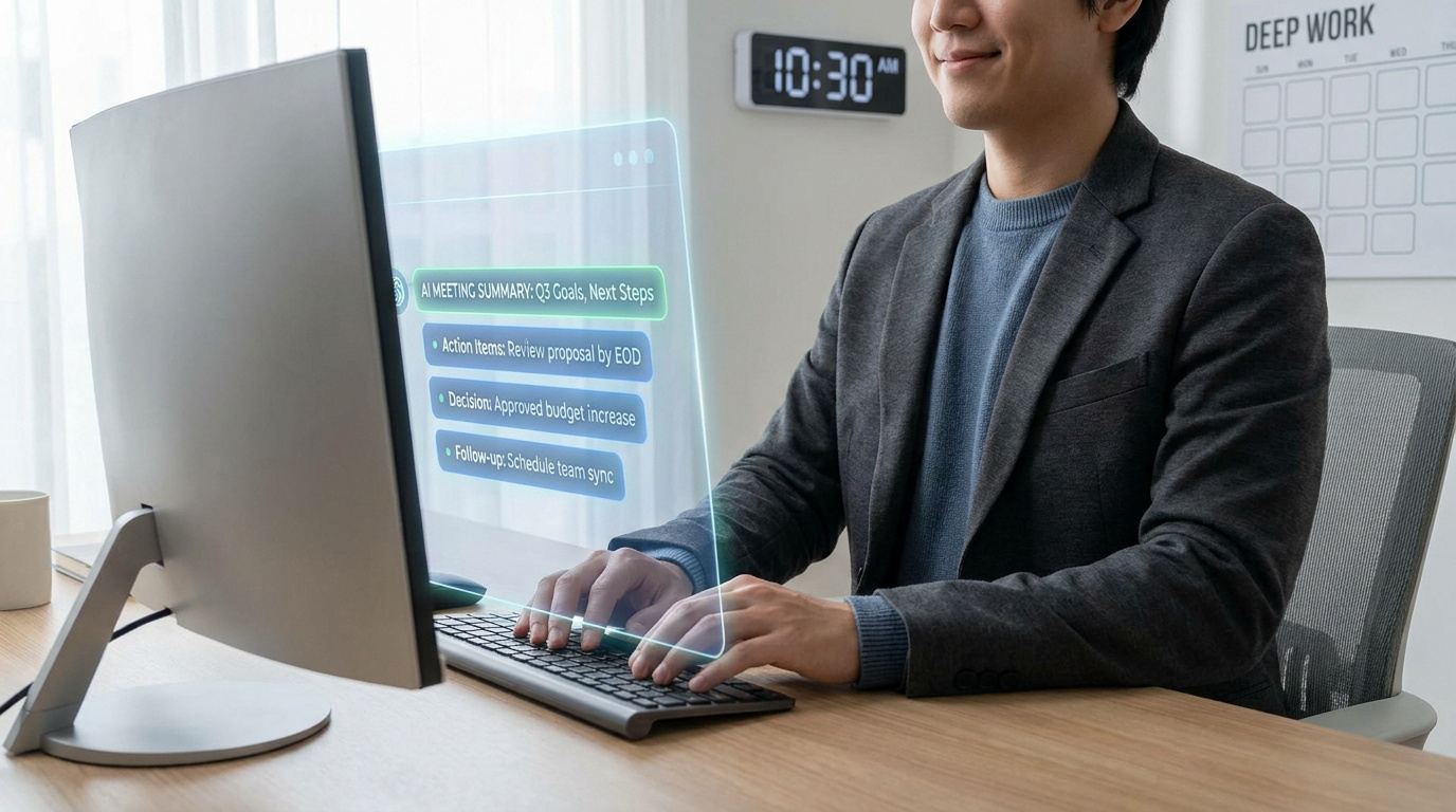 A professional using a computer with a holographic interface showing AI-generated meeting summaries and action items.