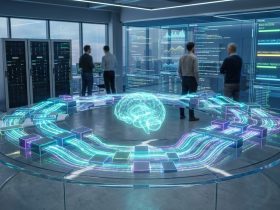 Engineers in a server room looking at a glowing holographic brain and data visualizations representing automated coding.