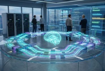 Engineers in a server room looking at a glowing holographic brain and data visualizations representing automated coding.