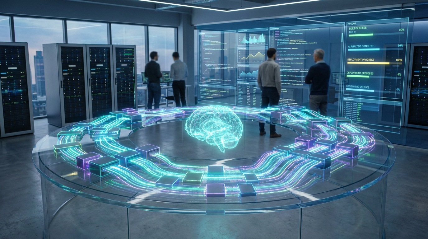 Engineers in a server room looking at a glowing holographic brain and data visualizations representing automated coding.