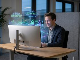 A man smiling while using an AI-powered computer to analyze SEO metrics and growth charts in a modern office.