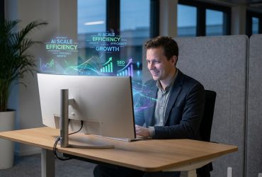 A man smiling while using an AI-powered computer to analyze SEO metrics and growth charts in a modern office.