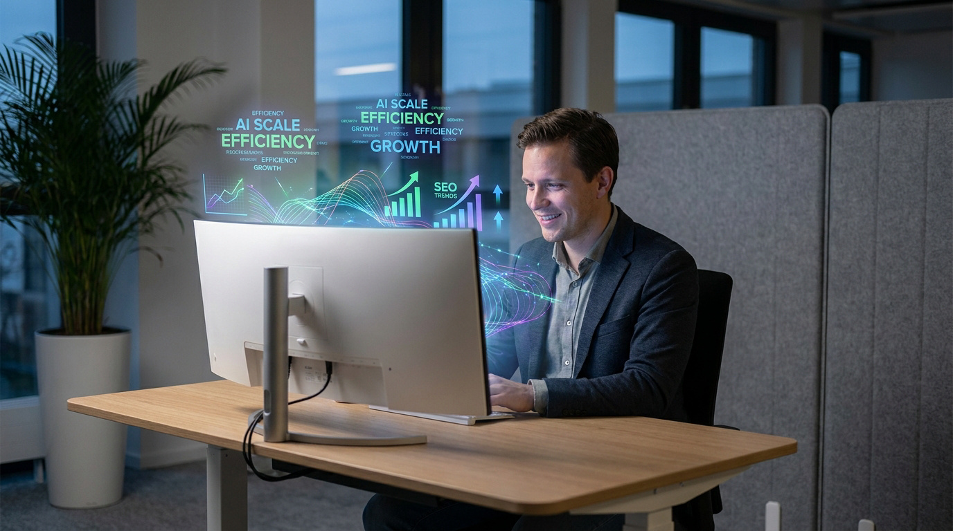 A man smiling while using an AI-powered computer to analyze SEO metrics and growth charts in a modern office.