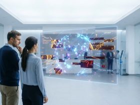 Two business professionals examine a glowing holographic display showing data obstacles and network failures.