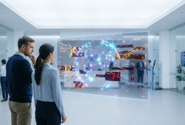 Two business professionals examine a glowing holographic display showing data obstacles and network failures.