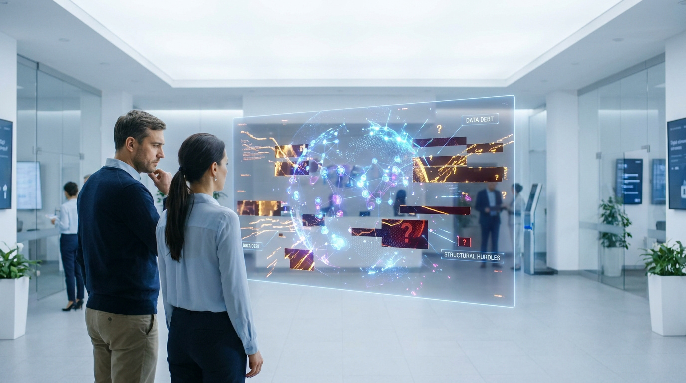 Two business professionals examine a glowing holographic display showing data obstacles and network failures.