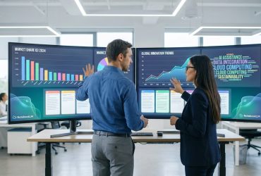 Two professionals discussing market data and innovation trends on large dual monitors in a modern office setting.