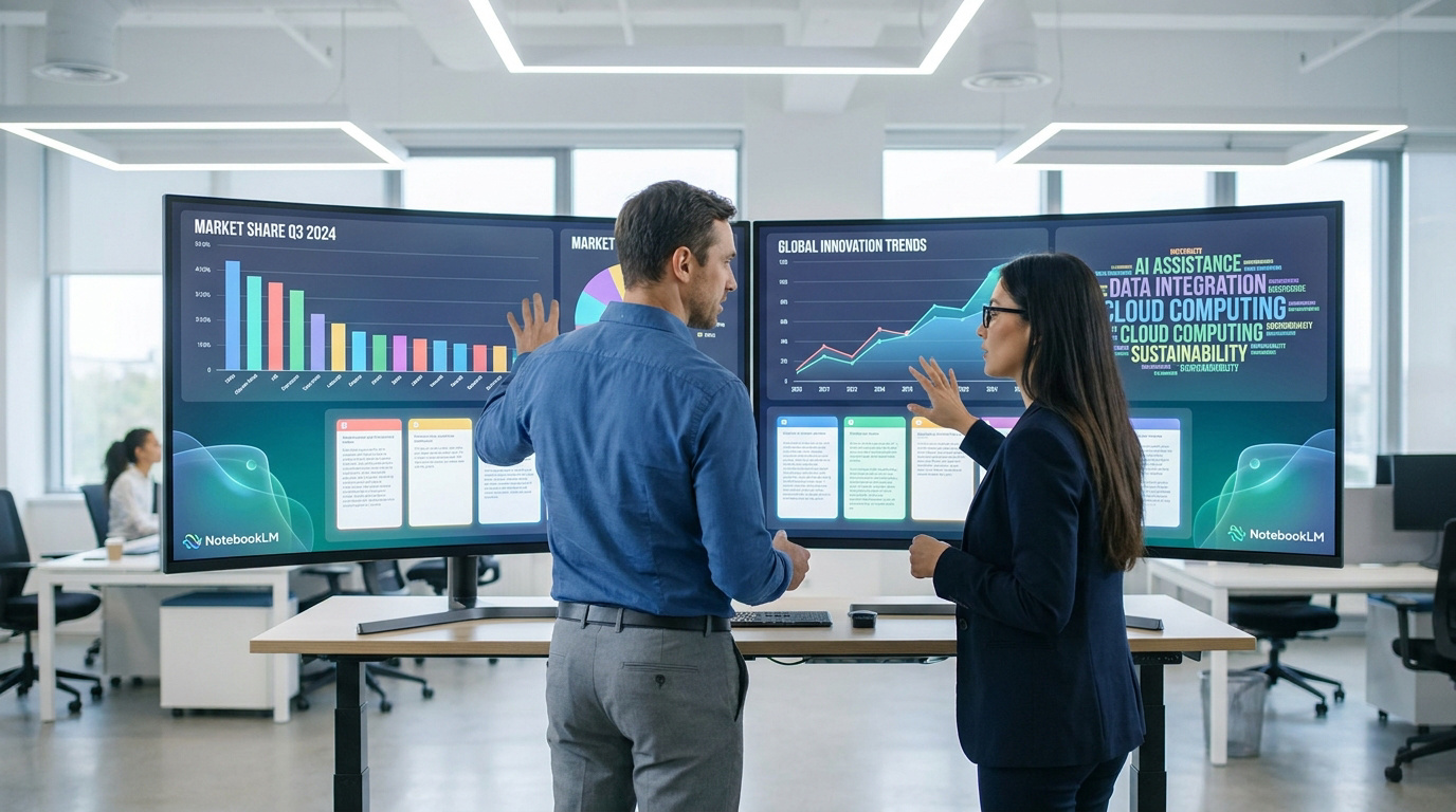 Two professionals discussing market data and innovation trends on large dual monitors in a modern office setting.
