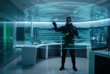 A security professional in a high-tech room examining glowing holographic lines of code with security checkmarks.