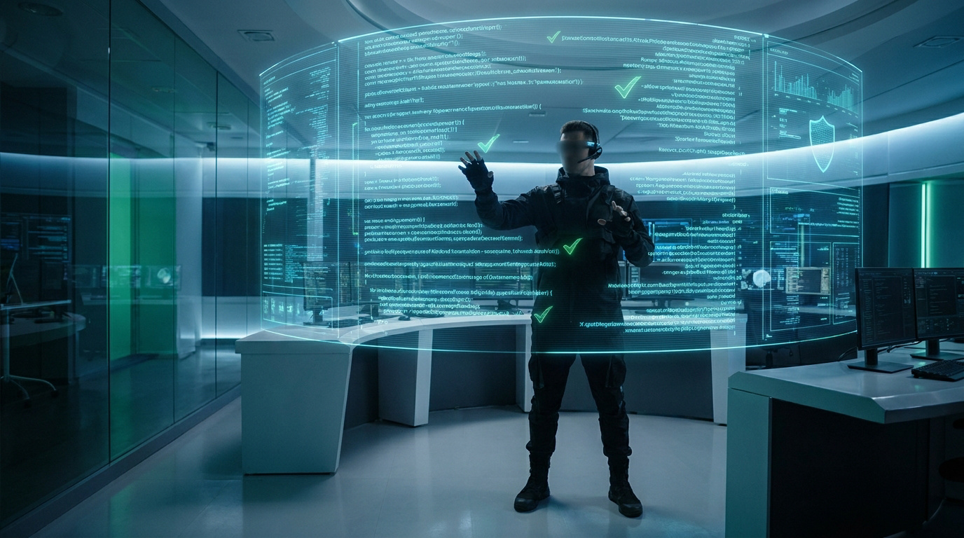 A security professional in a high-tech room examining glowing holographic lines of code with security checkmarks.
