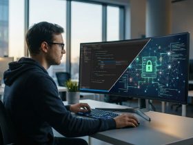 A software developer working at a desk, with a monitor displaying code merging into a secure network visualization.