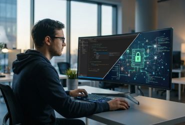 A software developer working at a desk, with a monitor displaying code merging into a secure network visualization.