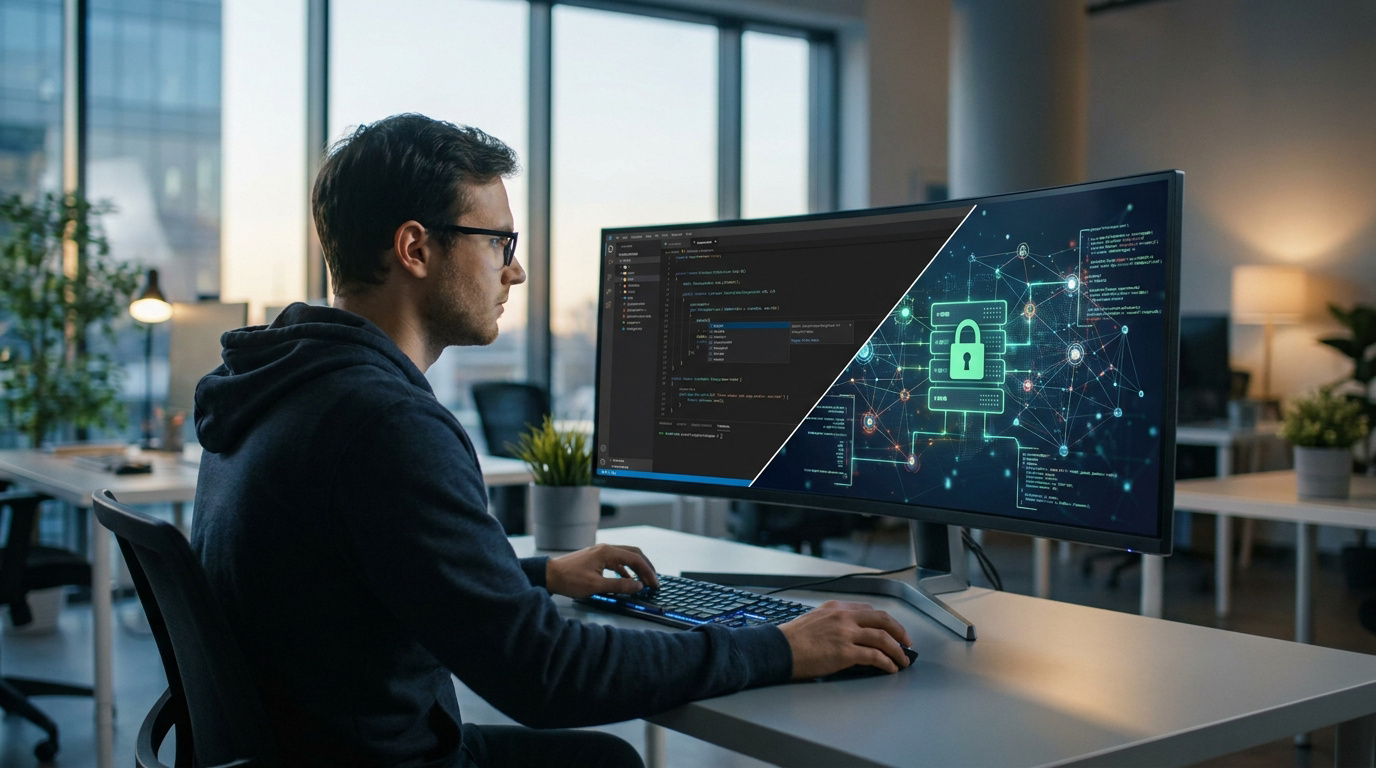 A software developer working at a desk, with a monitor displaying code merging into a secure network visualization.