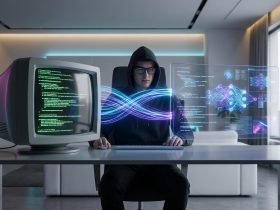 Developer in a hoodie working on a vintage monitor connected to a futuristic AI holographic interface in a modern room.