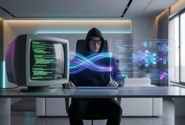 Developer in a hoodie working on a vintage monitor connected to a futuristic AI holographic interface in a modern room.