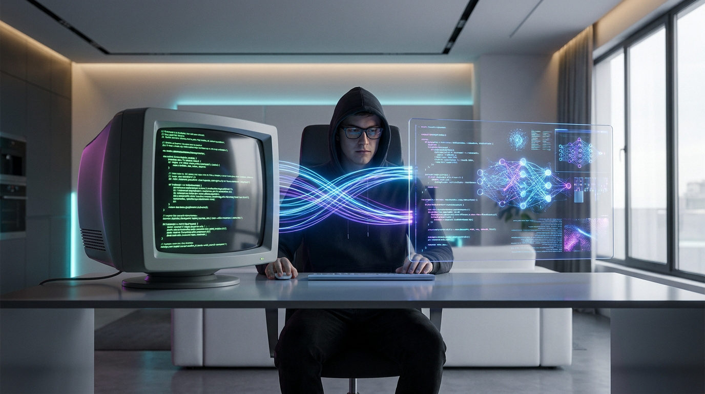 Developer in a hoodie working on a vintage monitor connected to a futuristic AI holographic interface in a modern room.