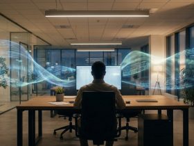 A professional sitting at a desk in a dark office, surrounded by glowing waves of digital data code.