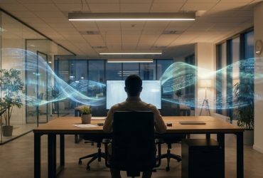 A professional sitting at a desk in a dark office, surrounded by glowing waves of digital data code.