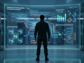 A person standing in a server room looking at a large holographic dashboard displaying coding agent metrics.