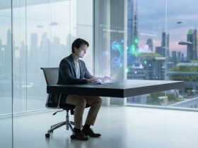 A professional sitting at a desk interacting with a holographic interface showing autonomous AI agents in a city.