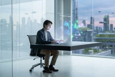 A professional sitting at a desk interacting with a holographic interface showing autonomous AI agents in a city.