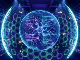 A digital neural network sphere protected by a hexagonal energy shield inside a server room.