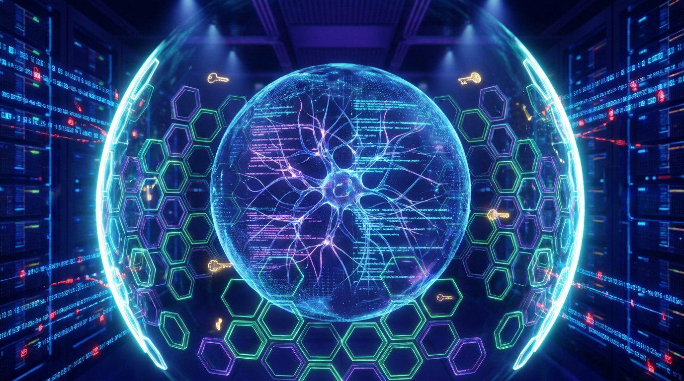 A digital neural network sphere protected by a hexagonal energy shield inside a server room.