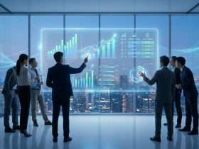 Business team standing in a high-rise office viewing a holographic dashboard of 2026 AI agent pricing and ROI metrics.