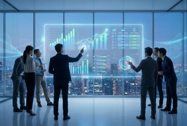 Business team standing in a high-rise office viewing a holographic dashboard of 2026 AI agent pricing and ROI metrics.