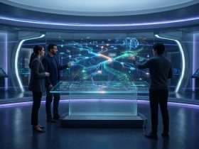 Three professionals in a futuristic command center interacting with a glowing holographic AI network map labeled 2026.