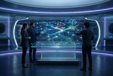 Three professionals in a futuristic command center interacting with a glowing holographic AI network map labeled 2026.