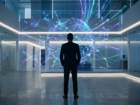 A businessman standing in a modern office looking at a glowing holographic network of data and a globe.